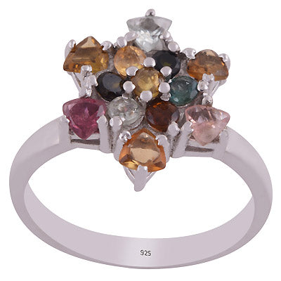 Alluring Multicoloured Gemstone Tourmaline Round,Trillion Shape 925 Sterling Solid Silver Rhodium Plated Ring - R1002426-2