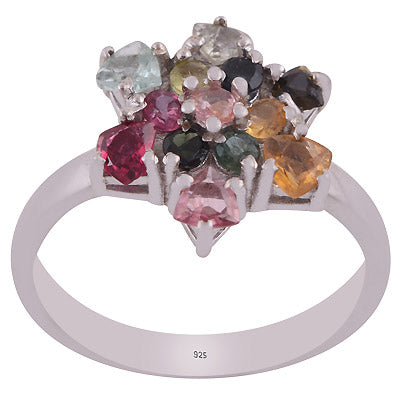 Alluring Multicoloured Gemstone Tourmaline Round,Trillion Shape 925 Sterling Solid Silver Rhodium Plated Ring - R1002426-4
