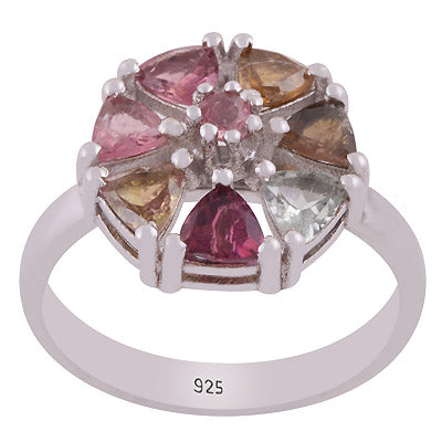 Gorgeous Multicoloured Gemstone Tourmaline Round,Trillion Shape 925 Sterling Solid Silver Rhodium Plated Ring - R1002427-2