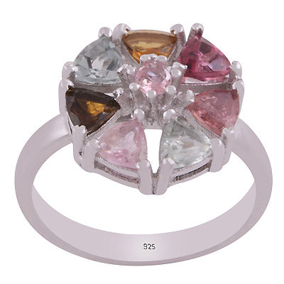 Gorgeous Multicoloured Gemstone Tourmaline Round,Trillion Shape 925 Sterling Solid Silver Rhodium Plated Ring - R1002427-4