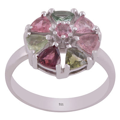 Gorgeous Multicoloured Gemstone Tourmaline Round,Trillion Shape 925 Sterling Solid Silver Rhodium Plated Ring - R1002427-5