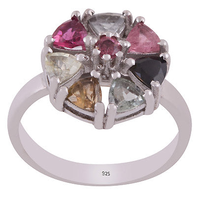 Gorgeous Multicoloured Gemstone Tourmaline Round,Trillion Shape 925 Sterling Solid Silver Rhodium Plated Ring - R1002427-6