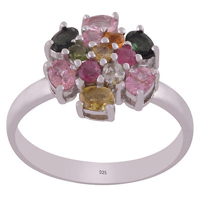 Beautiful Multicoloured Gemstone Tourmaline Oval,Round Shape 925 Sterling Solid Silver Rhodium Plated Ring - R1002428-1