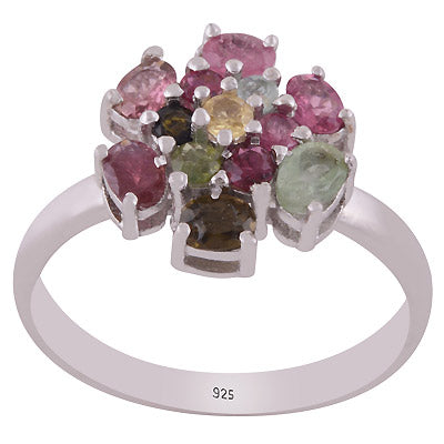Beautiful Multicoloured Gemstone Tourmaline Oval,Round Shape 925 Sterling Solid Silver Rhodium Plated Ring - R1002428-2