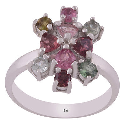 Alluring Multicoloured Gemstone Tourmaline Round,Trillion Shape 925 Sterling Solid Silver Rhodium Plated Ring - R1002429-2