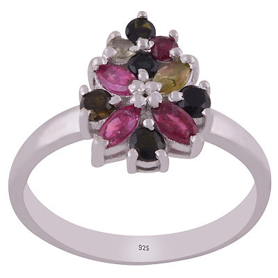 Alluring Flower Pattern Gemstone Tourmaline Round,Marquise Shape 925 Sterling Solid Silver Rhodium Plated Ring - R1002430-1