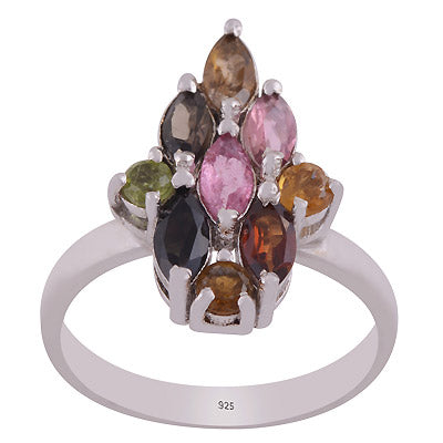 Gorgeous Multicoloured Gemstone Tourmaline Round,Marquise Shape 925 Sterling Solid Silver Rhodium Plated Ring - R1002431-1