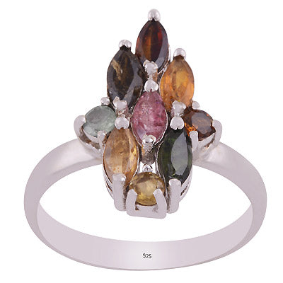 Gorgeous Multicoloured Gemstone Tourmaline Round,Marquise Shape 925 Sterling Solid Silver Rhodium Plated Ring - R1002431-10