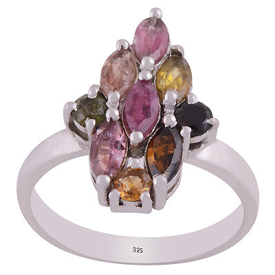 Gorgeous Multicoloured Gemstone Tourmaline Round,Marquise Shape 925 Sterling Solid Silver Rhodium Plated Ring - R1002431-3