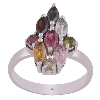 Gorgeous Multicoloured Gemstone Tourmaline Round,Marquise Shape 925 Sterling Solid Silver Rhodium Plated Ring - R1002431-4