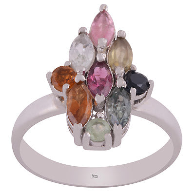 Gorgeous Multicoloured Gemstone Tourmaline Round,Marquise Shape 925 Sterling Solid Silver Rhodium Plated Ring - R1002431-5