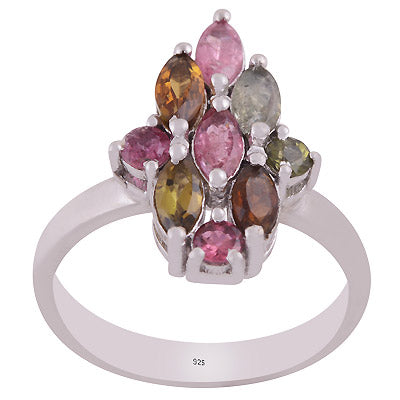 Gorgeous Multicoloured Gemstone Tourmaline Round,Marquise Shape 925 Sterling Solid Silver Rhodium Plated Ring - R1002431-6