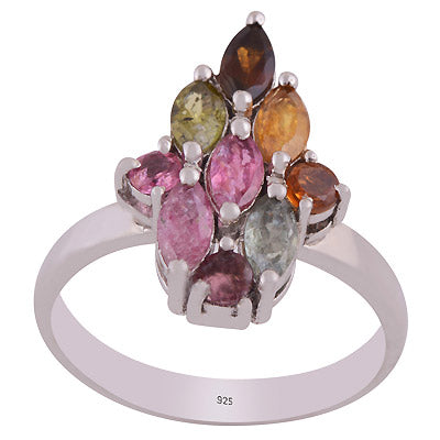 Gorgeous Multicoloured Gemstone Tourmaline Round,Marquise Shape 925 Sterling Solid Silver Rhodium Plated Ring - R1002431-7