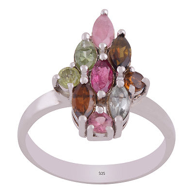 Gorgeous Multicoloured Gemstone Tourmaline Round,Marquise Shape 925 Sterling Solid Silver Rhodium Plated Ring - R1002431-8