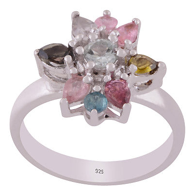 Beautiful Flower Pattern Gemstone Tourmaline Round,Marquise Shape 925 Sterling Solid Silver Rhodium Plated Ring - R1002432-1
