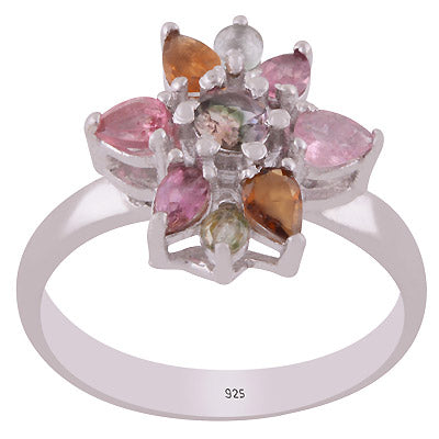 Beautiful Flower Pattern Gemstone Tourmaline Round,Marquise Shape 925 Sterling Solid Silver Rhodium Plated Ring - R1002432-3