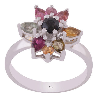 Beautiful Flower Pattern Gemstone Tourmaline Round,Marquise Shape 925 Sterling Solid Silver Rhodium Plated Ring - R1002432-4