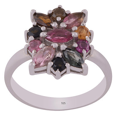 Stunning Multicoloured Gemstone Tourmaline Round,Marquise Shape 925 Sterling Solid Silver Rhodium Plated Ring - R1002433-1