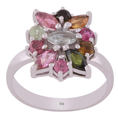 Stunning Multicoloured Gemstone Tourmaline Round,Marquise Shape 925 Sterling Solid Silver Rhodium Plated Ring - R1002433-2