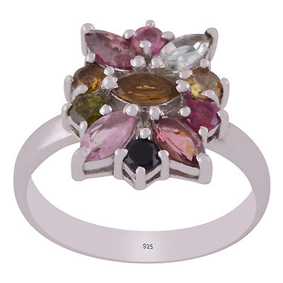 Stunning Multicoloured Gemstone Tourmaline Round,Marquise Shape 925 Sterling Solid Silver Rhodium Plated Ring - R1002433-3