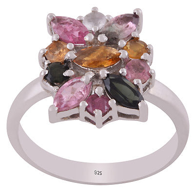 Stunning Multicoloured Gemstone Tourmaline Round,Marquise Shape 925 Sterling Solid Silver Rhodium Plated Ring - R1002433-4