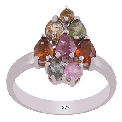 Classic Gemstone Tourmaline Pear,Round Shape 925 Sterling Solid Silver Rhodium Plated Ring - R1002434-4