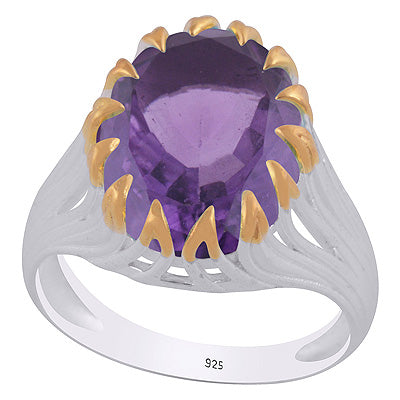 Beautifully Designed Two Tone Gold plated Amethyst Oval Shape 925 Sterling Solid Silver Ring - R1002440-7