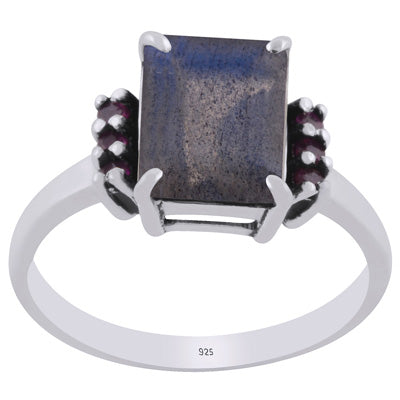 Beautiful Multiple Color Gemstone Around Labradorite,Ruby Rectangle,Round Shape 925 Sterling Solid Silver Ring - R1002444-12