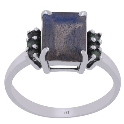 Beautiful Multiple Color Gemstone Around Labradorite,Emerald Rectangle,Round Shape 925 Sterling Solid Silver Ring - R1002444-13