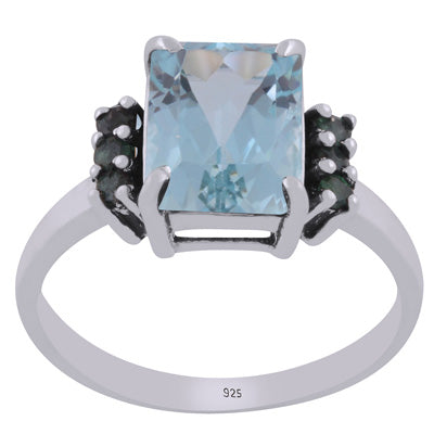 Beautiful Multiple Color Gemstone Around Blue Topaz,Emerald Rectangle,Round Shape 925 Sterling Solid Silver Ring - R1002444-15