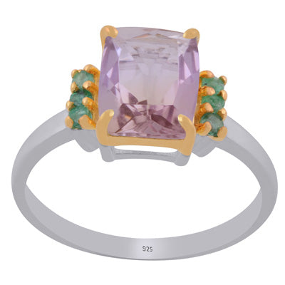 Beautiful Two tone Gold Plated Ametrine,Emerald Rectangle,Round Shape 925 Sterling Solid Silver Ring - R1002444-20
