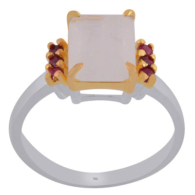 Beautiful Two tone Gold Plated Rainbow Moonstone,Ruby Rectangle,Round Shape 925 Sterling Solid Silver Ring - R1002444-25