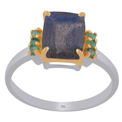 Beautiful Two tone Gold Plated Labradorite,Emerald Rectangle,Round Shape 925 Sterling Solid Silver Ring - R1002444-26