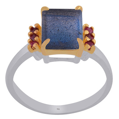 Beautiful Two tone Gold Plated Labradorite,Ruby Rectangle,Round Shape 925 Sterling Solid Silver Ring - R1002444-27