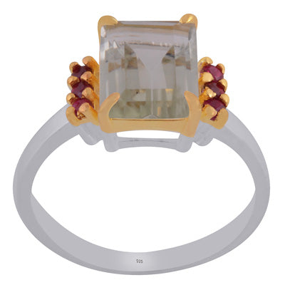 Beautiful Two tone Gold Plated Green Amethyst,Ruby Rectangle,Round Shape 925 Sterling Solid Silver Ring - R1002444-30