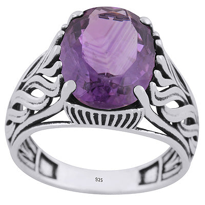 Gorgeous Design Pattern Around Amethyst Oval Shape 925 Sterling Solid Silver Ring - R1002445-1