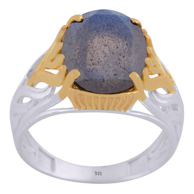 Stunning Two tone Gold plated Labradorite Oval Shape 925 Sterling Solid Silver Ring - R1002445-10