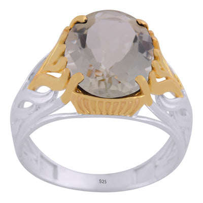 Stunning Two tone Gold plated Green Amethyst Oval Shape 925 Sterling Solid Silver Ring - R1002445-11