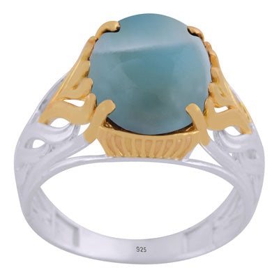 Stunning Two tone Gold plated Larimar Oval Shape 925 Sterling Solid Silver Ring - R1002445-12