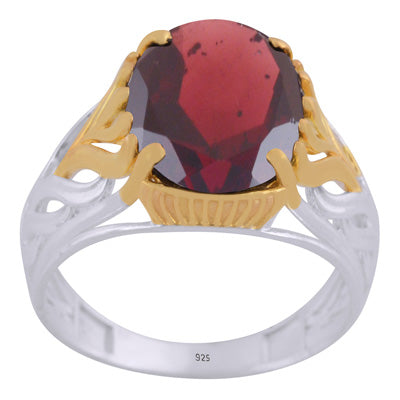 Stunning Two tone Gold plated Garnet Oval Shape 925 Sterling Solid Silver Ring - R1002445-9