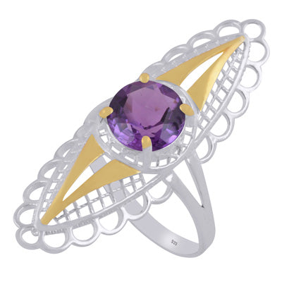 Alluring two tone Gold plated Amethyst Round Shape 925 Sterling Solid Silver Ring - R1002446-11