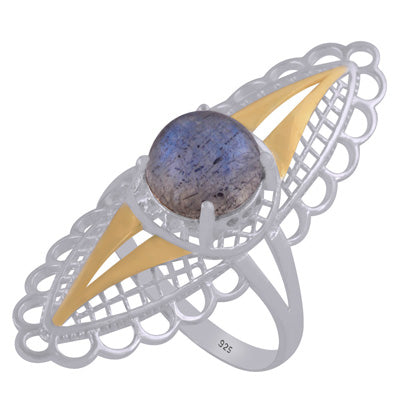 Alluring two tone Gold plated Labradorite Round Shape 925 Sterling Solid Silver Ring - R1002446-16