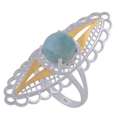 Alluring two tone Gold plated Larimar Round Shape 925 Sterling Solid Silver Ring - R1002446-17
