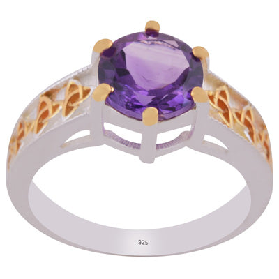 Stunning Two-tone Gold Plated Amethyst Round Shape 925 Sterling Solid Silver Ring - R1002448-11