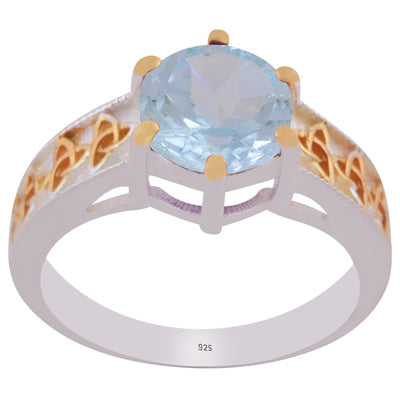 Stunning Two-tone Gold Plated Blue Topaz Round Shape 925 Sterling Solid Silver Ring - R1002448-12