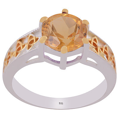 Stunning Two-tone Gold Plated Citrine Round Shape 925 Sterling Solid Silver Ring - R1002448-13