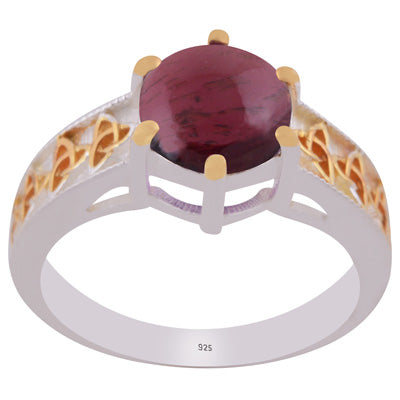 Stunning Two-tone Gold Plated Garnet Round Shape 925 Sterling Solid Silver Ring - R1002448-15