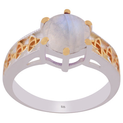 Stunning Two-tone Gold Plated Rainbow Moonstone Round Shape 925 Sterling Solid Silver Ring - R1002448-16