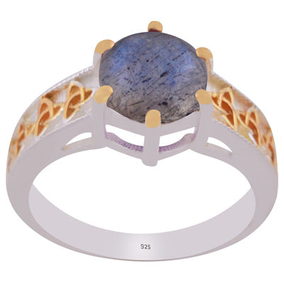 Stunning Two-tone Gold Plated Labradorite Round Shape 925 Sterling Solid Silver Ring - R1002448-17