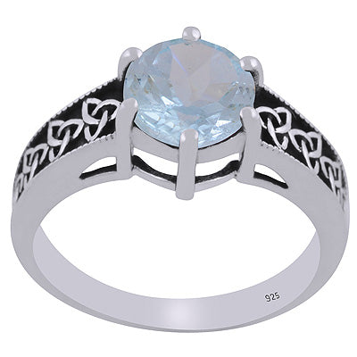 Gorgeous Oxidised Work Around Blue Topaz Round Shape 925 Sterling Solid Silver Ring - R1002448-3